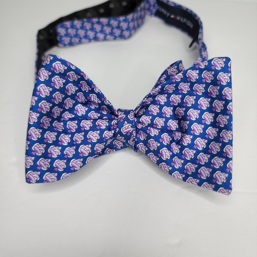 TOMMY HILFIGER Blue & Purple Fish Silk Self-Tie Bow-Tie.